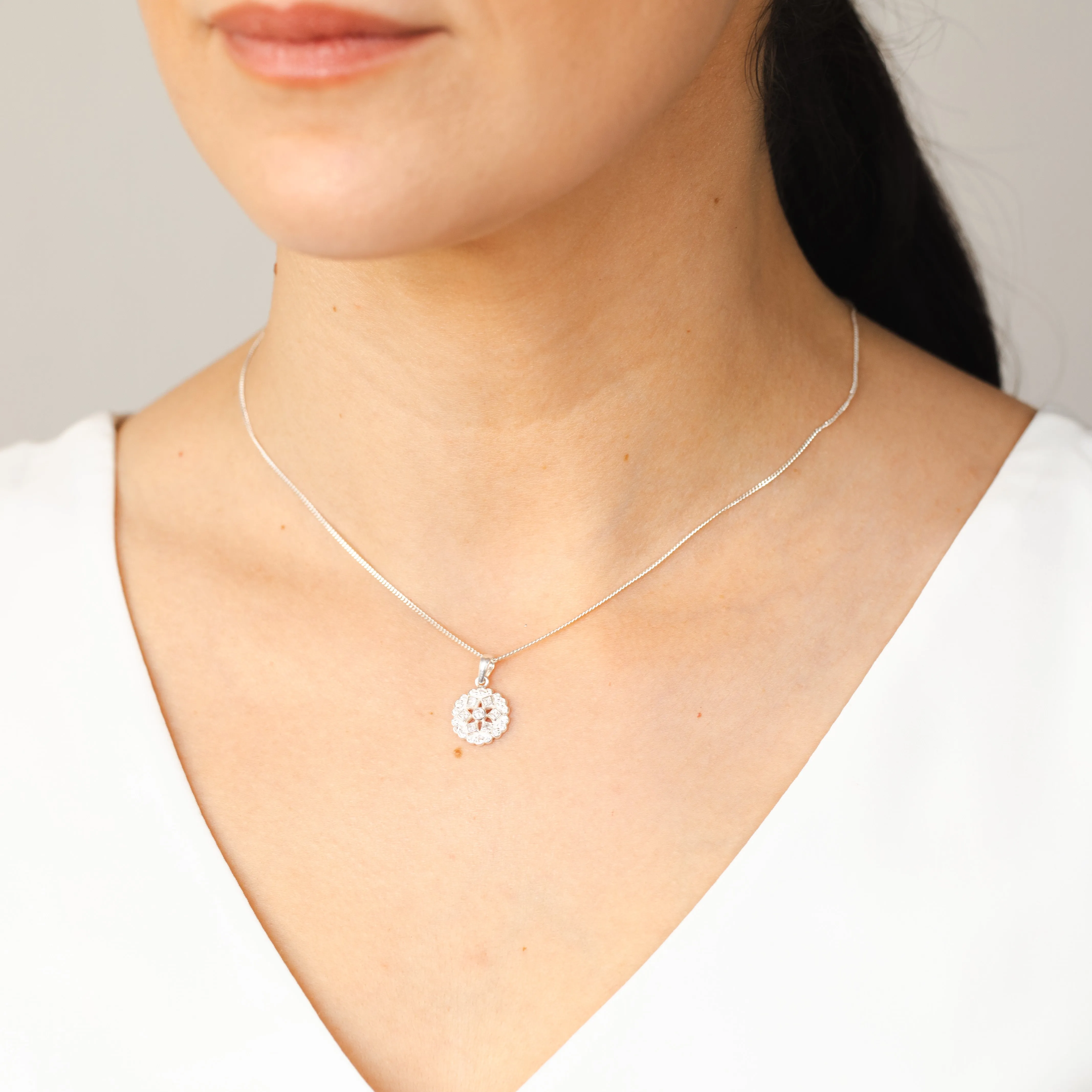 Sterling Silver Geometric Flower Cubic Zirconia Pendant Shiels