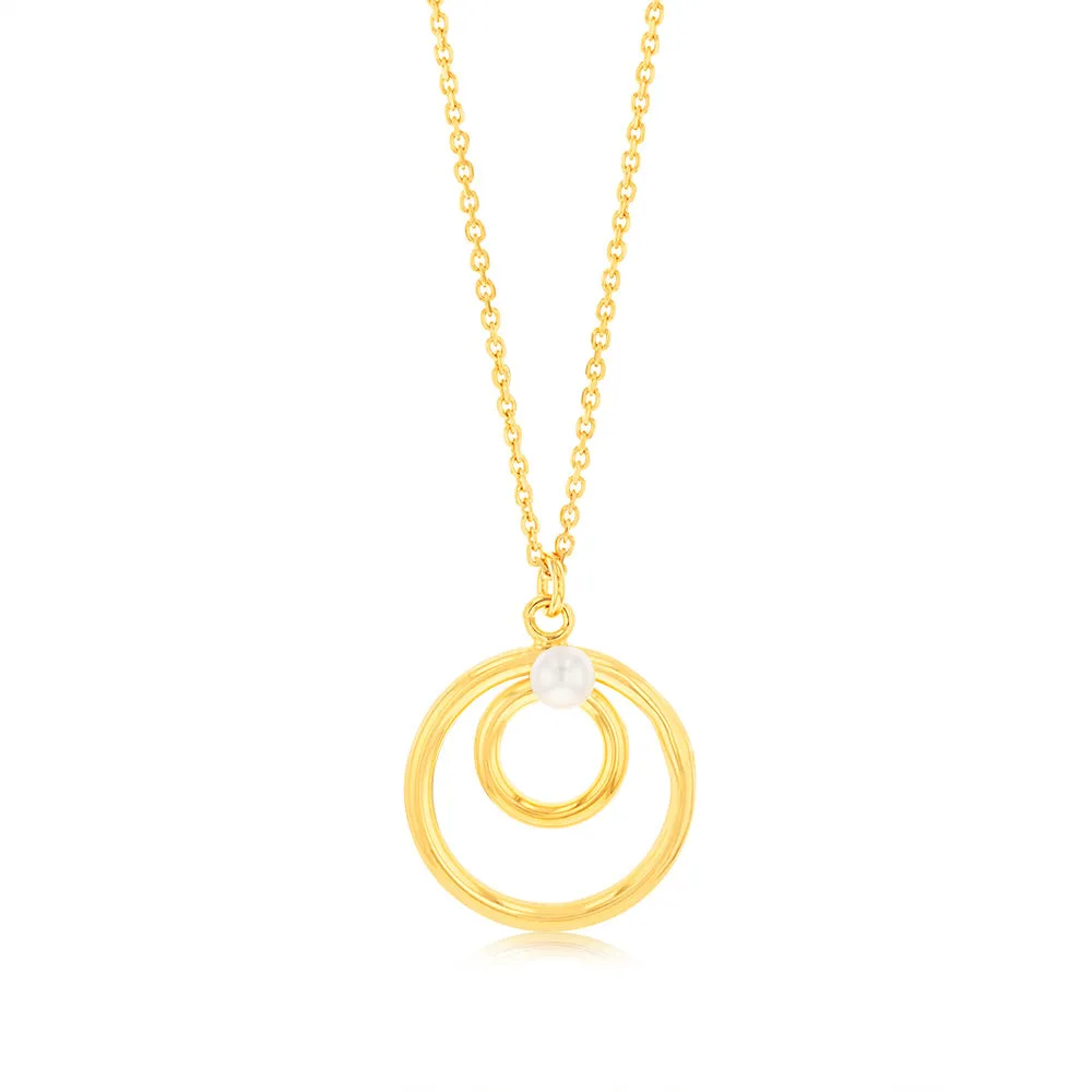 Sterling Silver Gold Plated Double Circle Synthetic Pearl Pendant on 45cm Chain Shiels