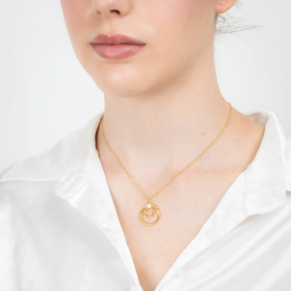 Sterling Silver Gold Plated Double Circle Synthetic Pearl Pendant on 45cm Chain Shiels