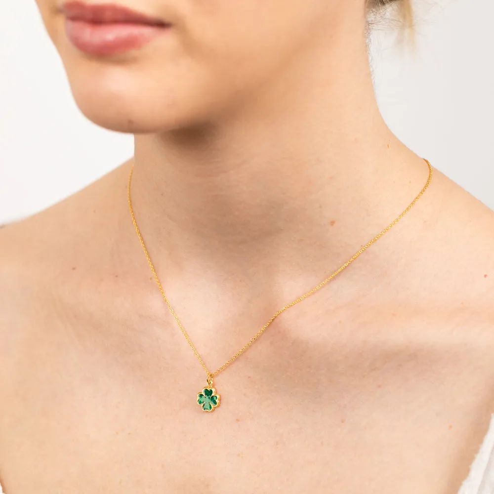 Sterling Silver Gold Plated Four Leaf Green Enamel Flower Pendant On Chain Shiels