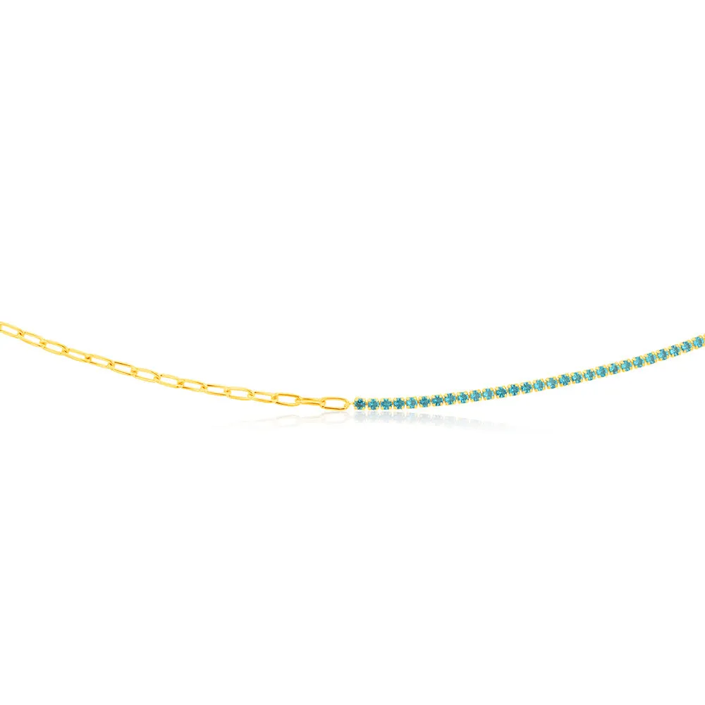 Sterling Silver Gold Plated Greenish Blue Zirconia Paperclip 45.7cm Chain Shiels