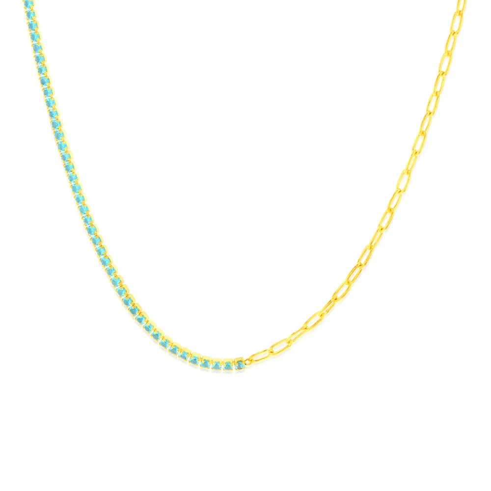 Sterling Silver Gold Plated Greenish Blue Zirconia Paperclip 45.7cm Chain Shiels