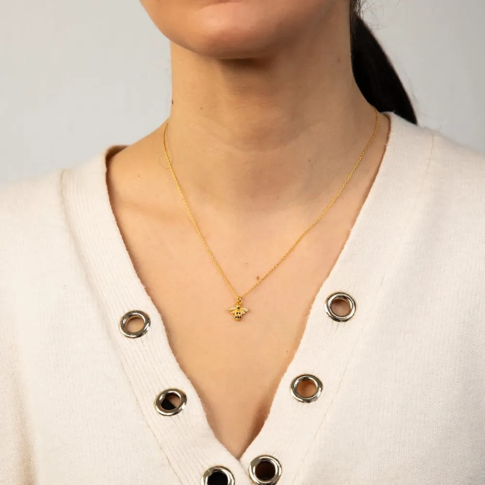 Sterling Silver Gold Plated Honey Bee Black & White Zirconia Pendant With 45cm Chain Shiels