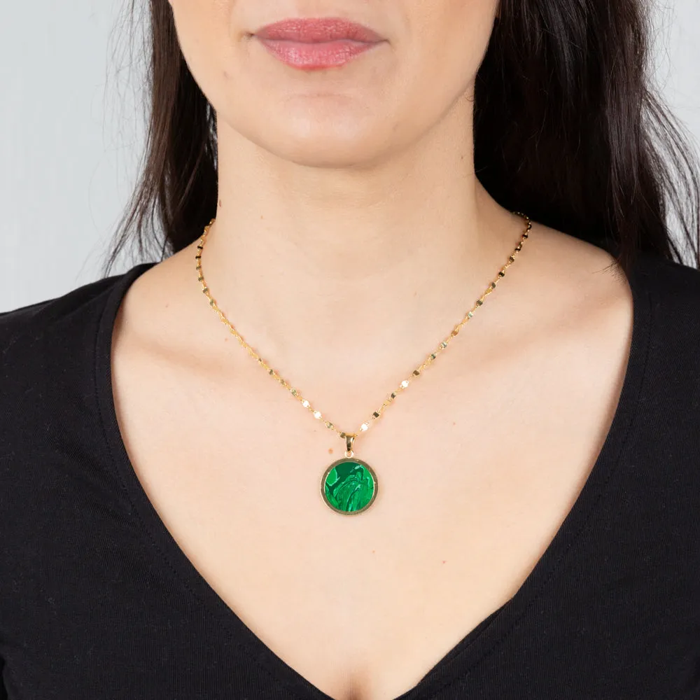 Sterling Silver Gold Plated Malachite Round Pendant On 45cm Chain Shiels