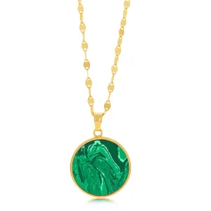 Sterling Silver Gold Plated Malachite Round Pendant On 45cm Chain Shiels