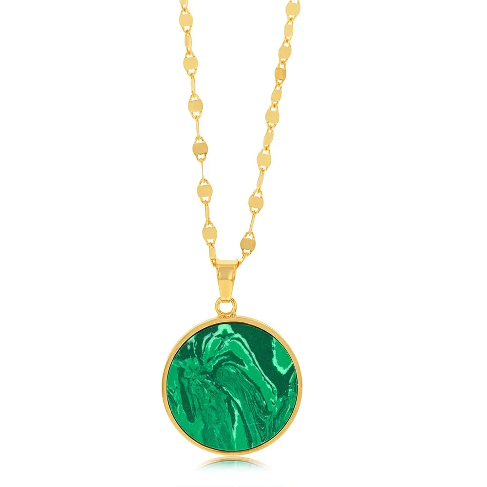 Sterling Silver Gold Plated Malachite Round Pendant On 45cm Chain Shiels