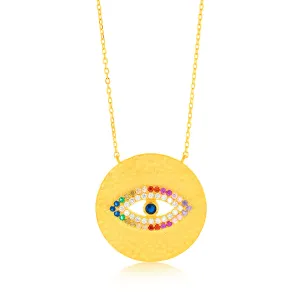 Sterling Silver Gold Plated Multicolour Zirconia Evil Eye Round Disc Pendant On 45cm Chain Shiels