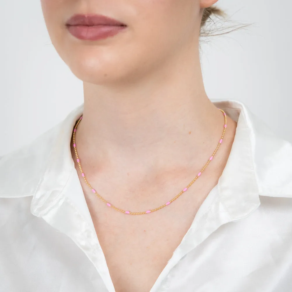 Sterling Silver Gold Plated Pink Enamel Bead 45cm Chain Shiels