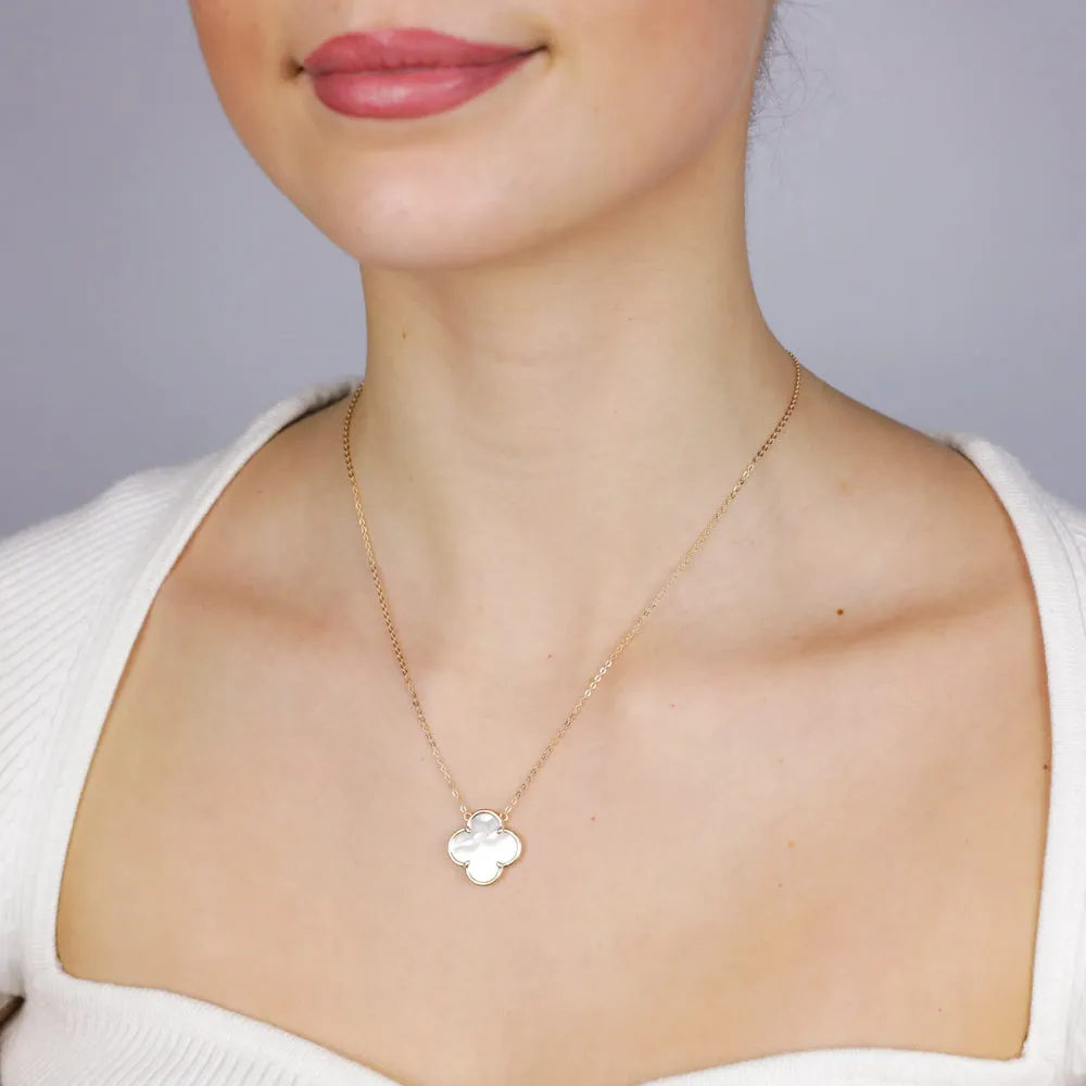 Sterling Silver Gold Plated White Shell Pearl Four Leaf Clover Pendant On Chain Shiels