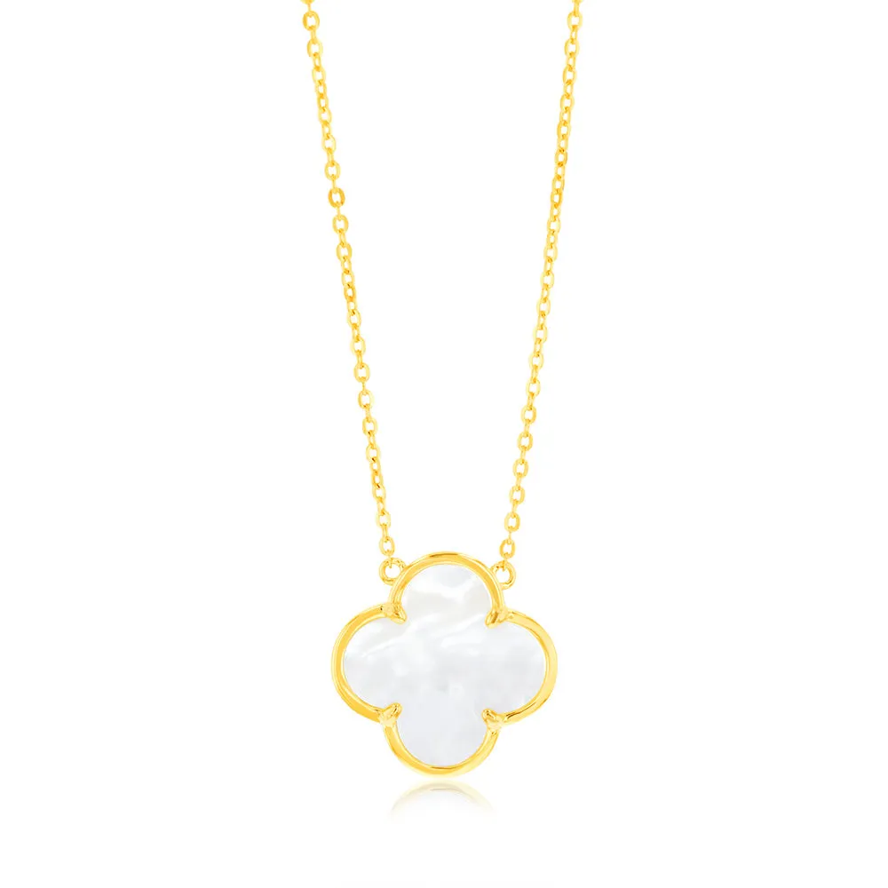 Sterling Silver Gold Plated White Shell Pearl Four Leaf Clover Pendant On Chain Shiels