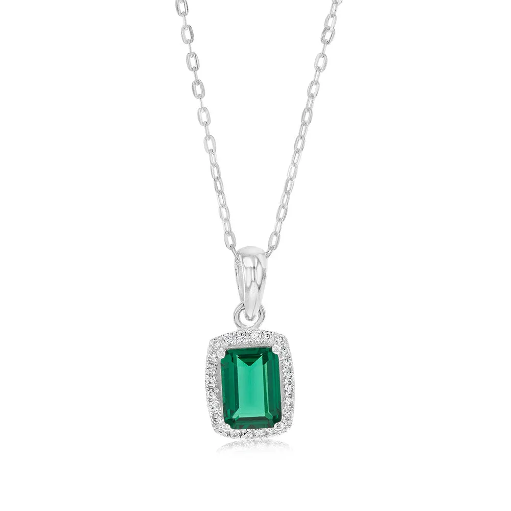 Sterling Silver Green White Zirconia Rectangle Pendant On Chain Shiels