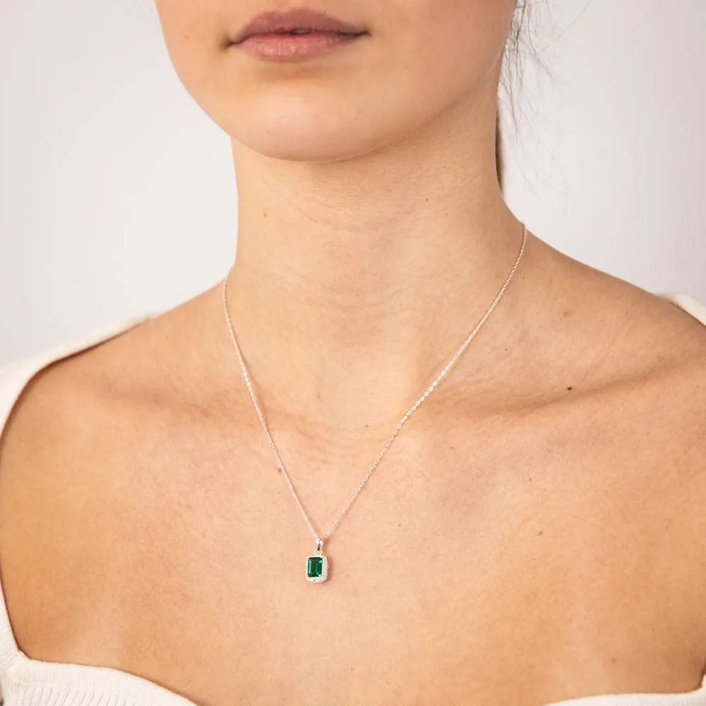 Sterling Silver Green White Zirconia Rectangle Pendant On Chain Shiels