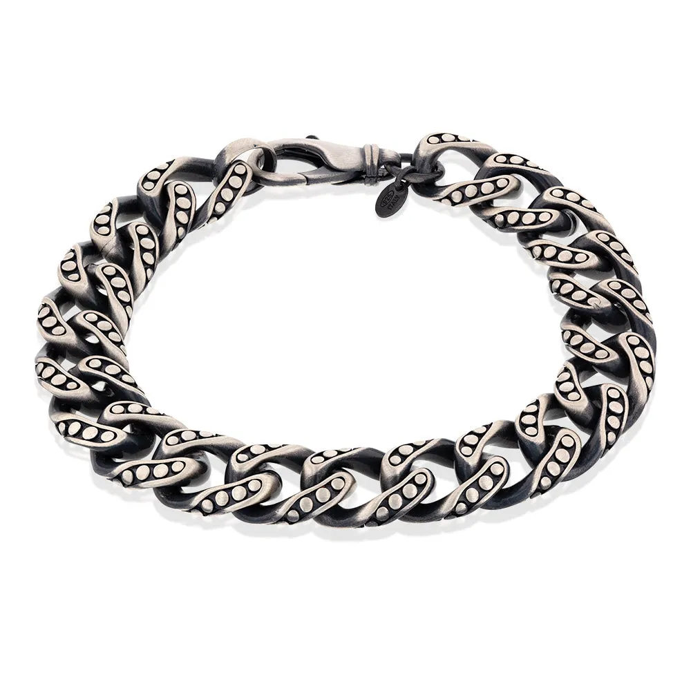 Sterling Silver Oxidised 13mm Dot Pattern Curb 23cm Bracelet Shiels