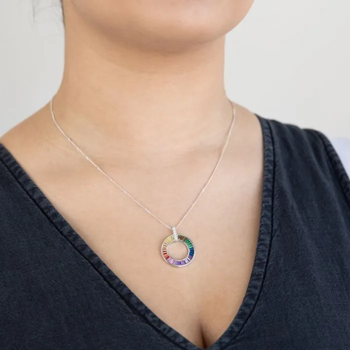 Sterling Silver Rainbow Multicolour Cubic Zirconia On Open Circle Pendant Shiels