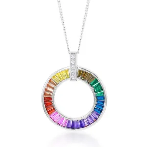 Sterling Silver Rainbow Multicolour Cubic Zirconia On Open Circle Pendant Shiels