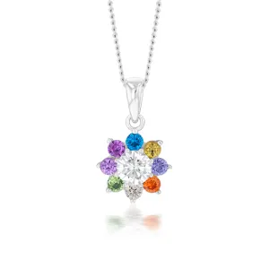 Sterling Silver  Rainbow Multicoloured Crystal Flower Pendant Shiels
