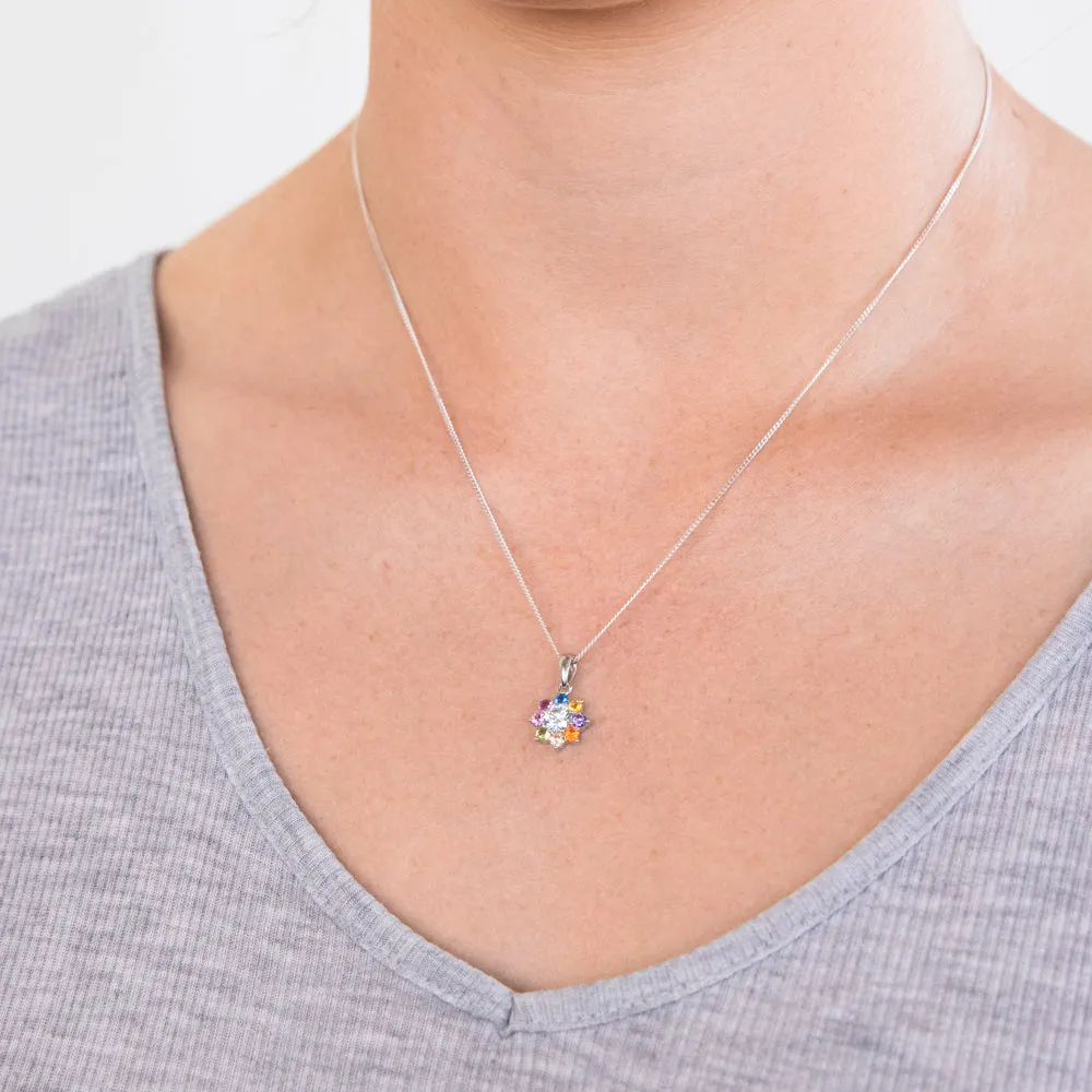 Sterling Silver  Rainbow Multicoloured Crystal Flower Pendant Shiels