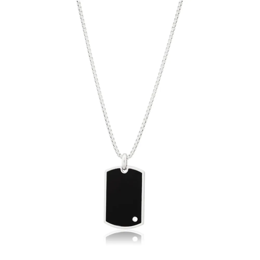 Sterling Silver Rhodium Plated Black and Zirconia Dog Tag Pendant Shiels