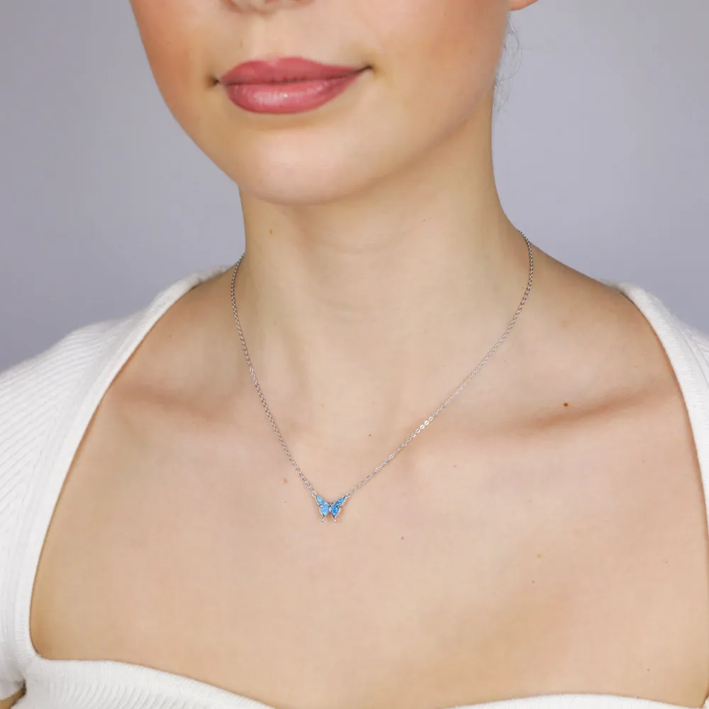 Sterling Silver Rhodium Plated Created Blue Opal Butterfly Pendant On Chain Shiels