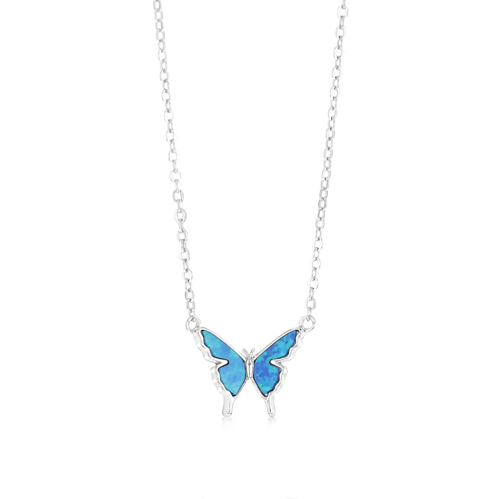 Sterling Silver Rhodium Plated Created Blue Opal Butterfly Pendant On Chain Shiels
