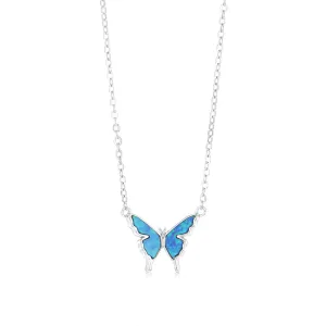 Sterling Silver Rhodium Plated Created Blue Opal Butterfly Pendant On Chain Shiels