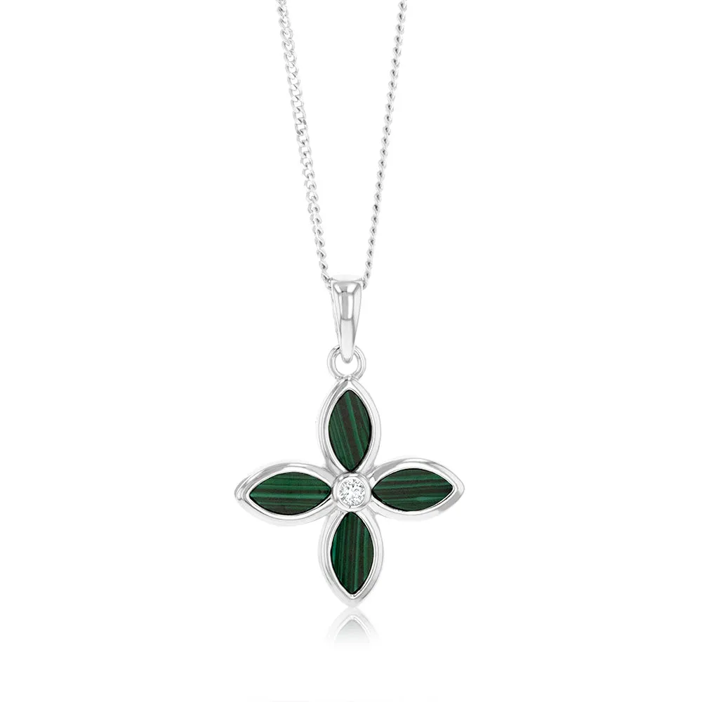 Sterling Silver Rhodium Plated Created Malachite Four Leaf Pendant Shiels
