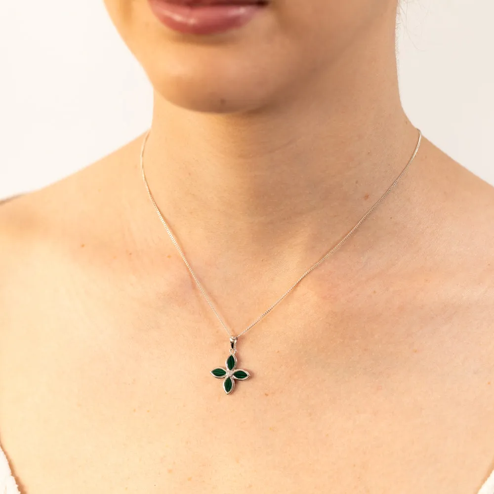 Sterling Silver Rhodium Plated Created Malachite Four Leaf Pendant Shiels