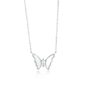 Sterling Silver Rhodium Plated Created White Opal Butterfly Pendant On Chain Shiels