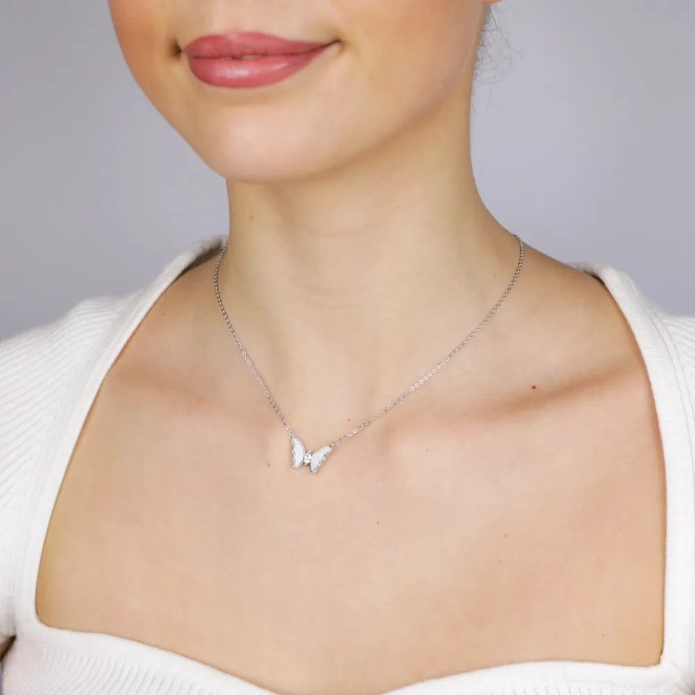 Sterling Silver Rhodium Plated Created White Opal Butterfly Pendant On Chain Shiels