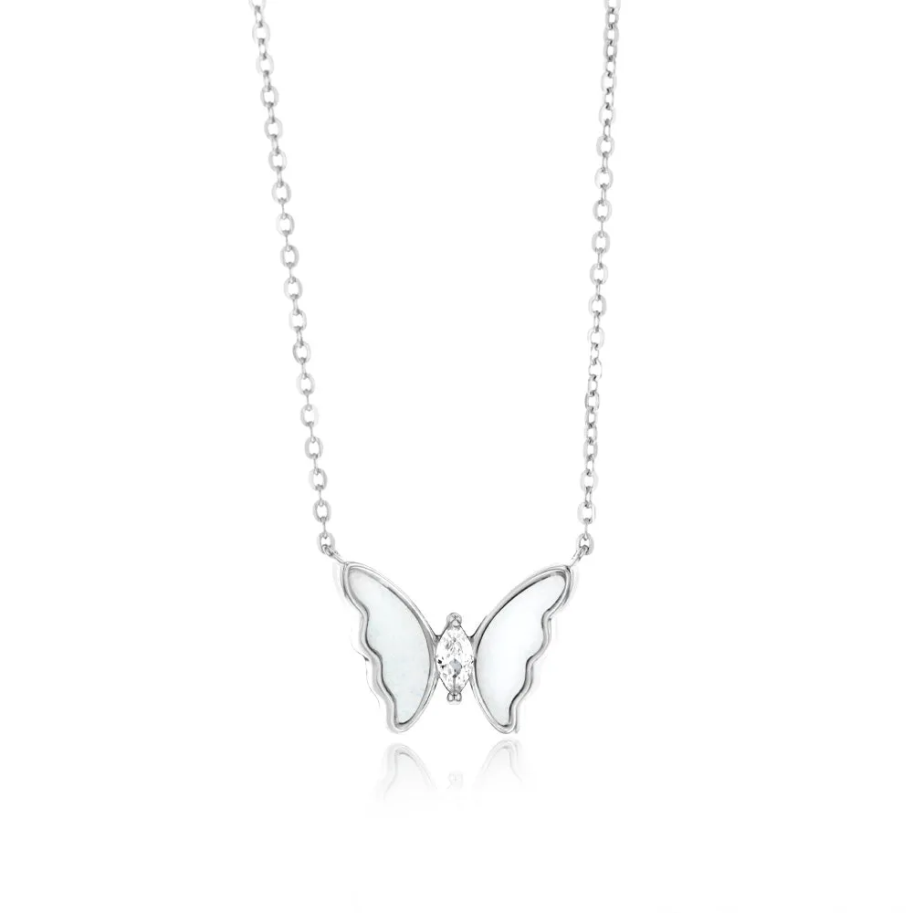 Sterling Silver Rhodium Plated Created White Opal Butterfly Pendant On Chain Shiels