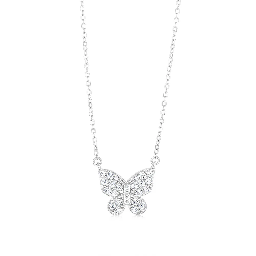 Sterling Silver Rhodium Plated Cubic Zirconia Butterfly Pendant On Chain Shiels