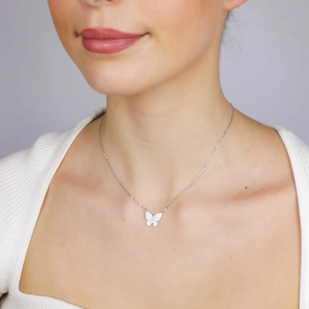 Sterling Silver Rhodium Plated Cubic Zirconia Butterfly Pendant On Chain Shiels