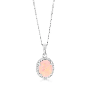 Sterling Silver Rhodium Plated Cubic Zirconia Created Pink Opal Oval Pendant Shiels