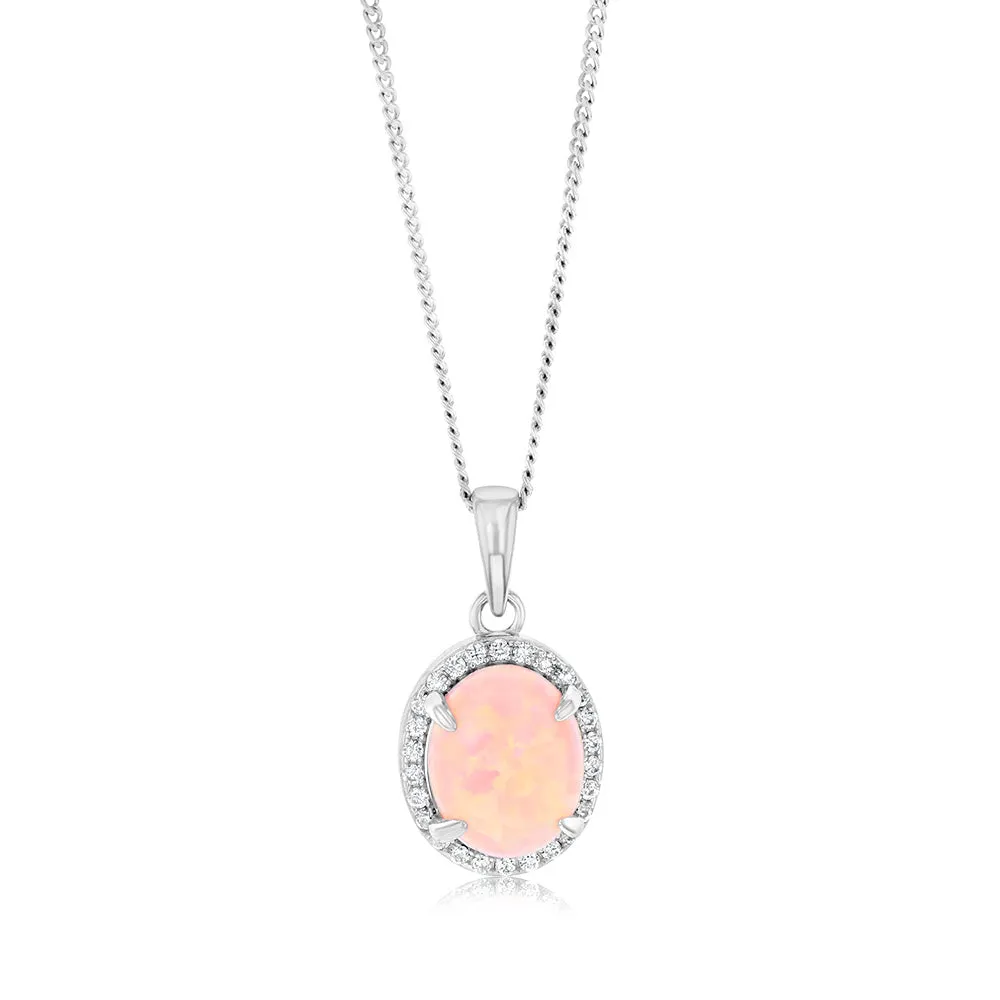 Sterling Silver Rhodium Plated Cubic Zirconia Created Pink Opal Oval Pendant Shiels