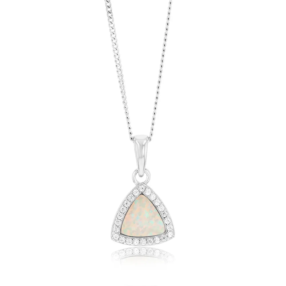 Sterling Silver Rhodium Plated Cubic Zirconia Created White Opal Triangle Pendant Shiels