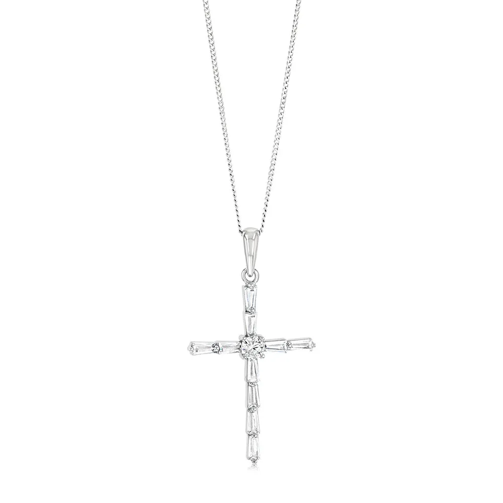 Sterling Silver Rhodium Plated Cubic Zirconia Fancy Cross Pendant Shiels