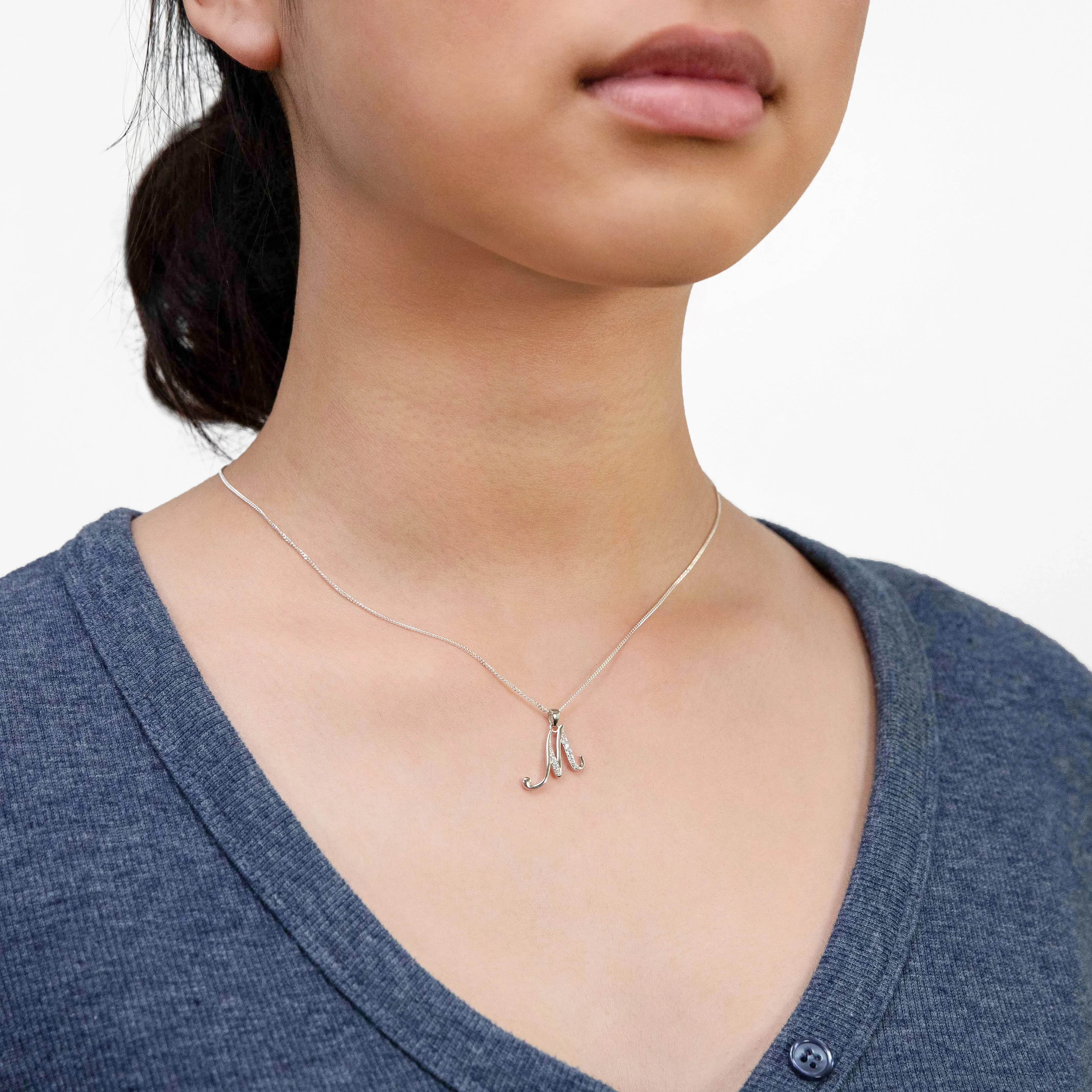 Sterling Silver Rhodium Plated Cubic Zirconia Script "M" Initial Pendant Shiels