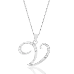 Sterling Silver Rhodium Plated Cubic Zirconia Script "V " Initial Pendant Shiels