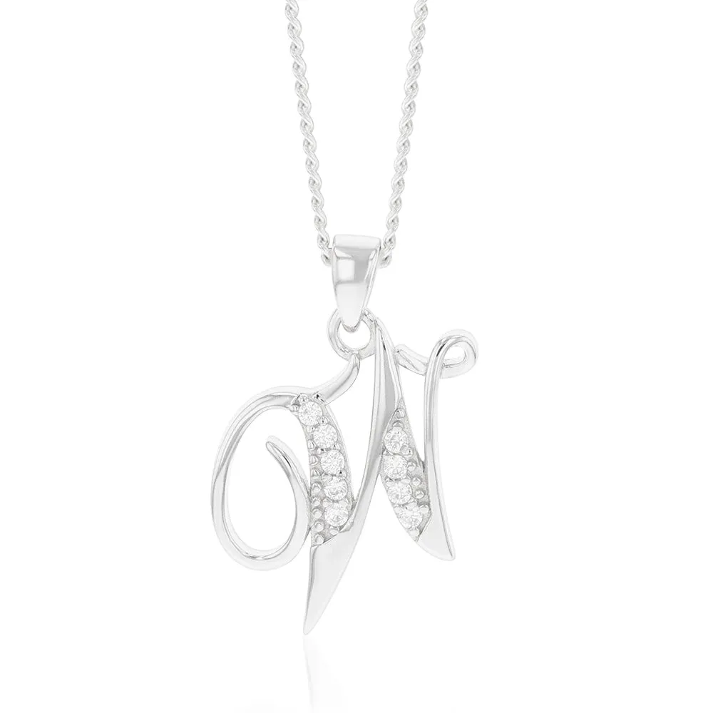Sterling Silver Rhodium Plated Cubic Zirconia Script "W " Initial Pendant Shiels