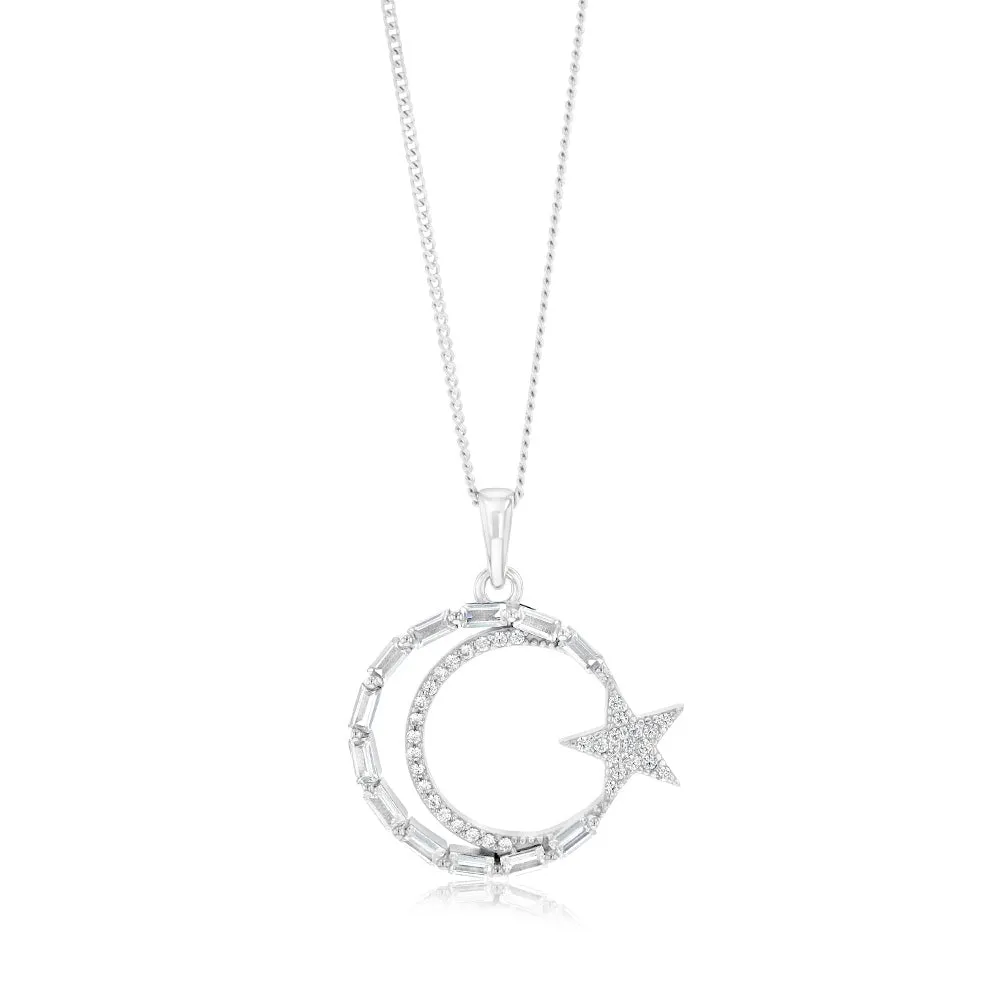 Sterling Silver Rhodium Plated Cubic Zirconia Star And Moon Round Pendant Shiels