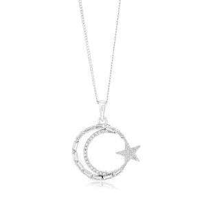 Sterling Silver Rhodium Plated Cubic Zirconia Star And Moon Round Pendant Shiels