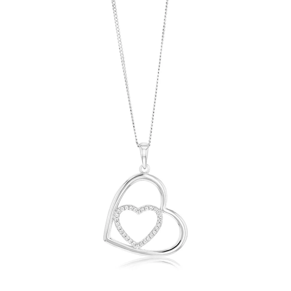 Sterling Silver Rhodium Plated Cubic Zirconia Tilted double Heart Pendant Shiels