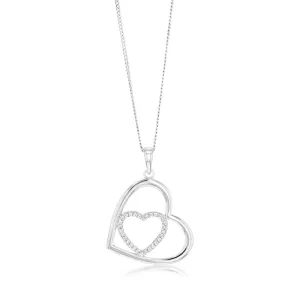 Sterling Silver Rhodium Plated Cubic Zirconia Tilted double Heart Pendant Shiels