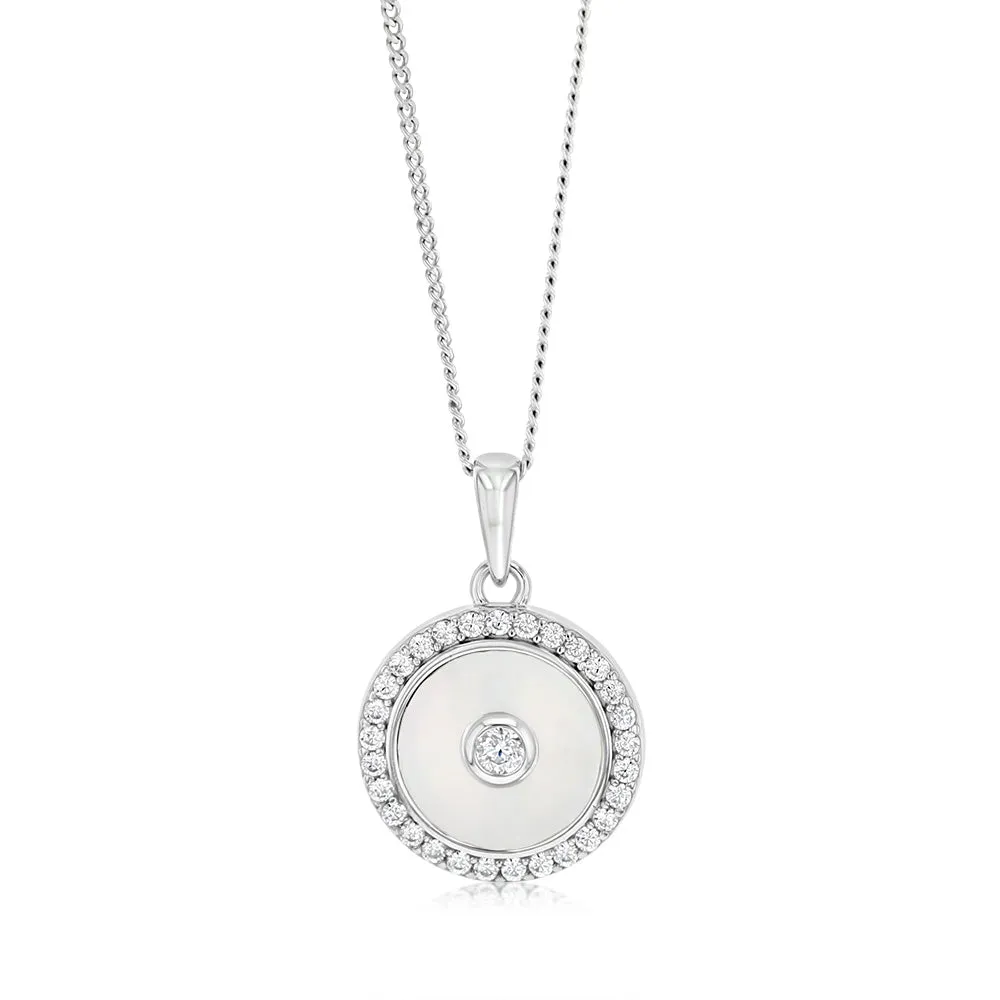 Sterling Silver Rhodium Plated Cubic Zirconia White Shell Pearl Round Pendant Shiels