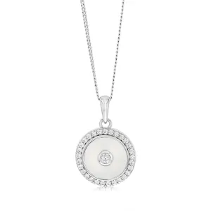 Sterling Silver Rhodium Plated Cubic Zirconia White Shell Pearl Round Pendant Shiels