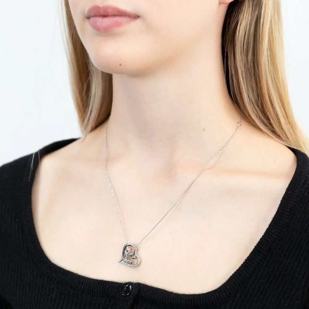 Sterling Silver Rhodium Plated CZ 3 Flower On Heart Pendant With 45cm Chain Shiels