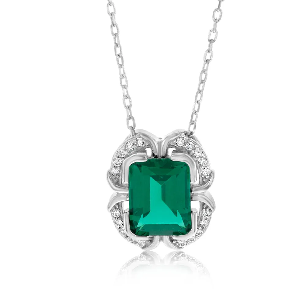 Sterling Silver Rhodium Plated Emerald And White CZ Pendant With 45cm Chain Shiels