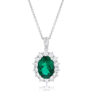 Sterling Silver Rhodium Plated Emerald-Green Cubic Zirconia Oval Pendant On Chain Shiels