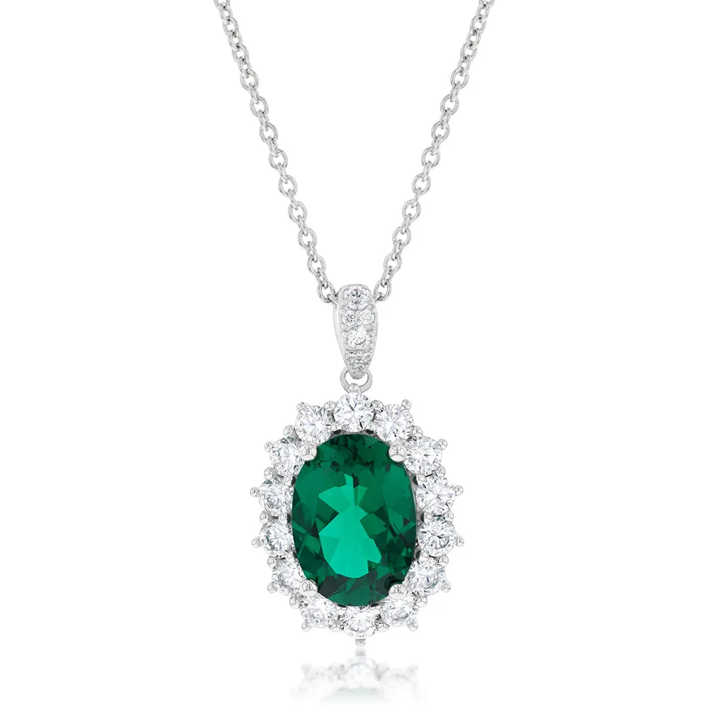 Sterling Silver Rhodium Plated Emerald-Green Cubic Zirconia Oval Pendant On Chain Shiels
