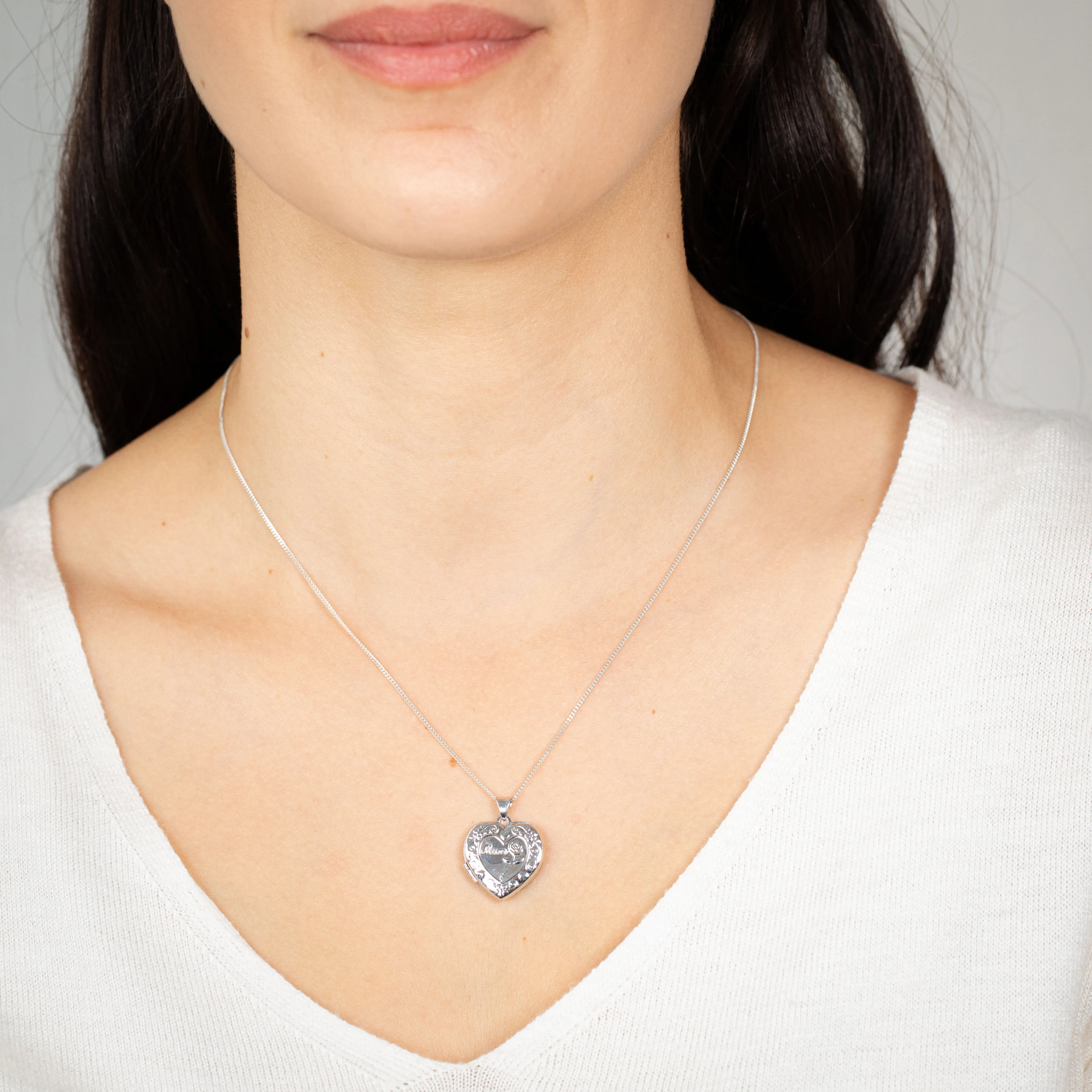 Sterling Silver Rhodium Plated Engraved Heart Locket Shiels